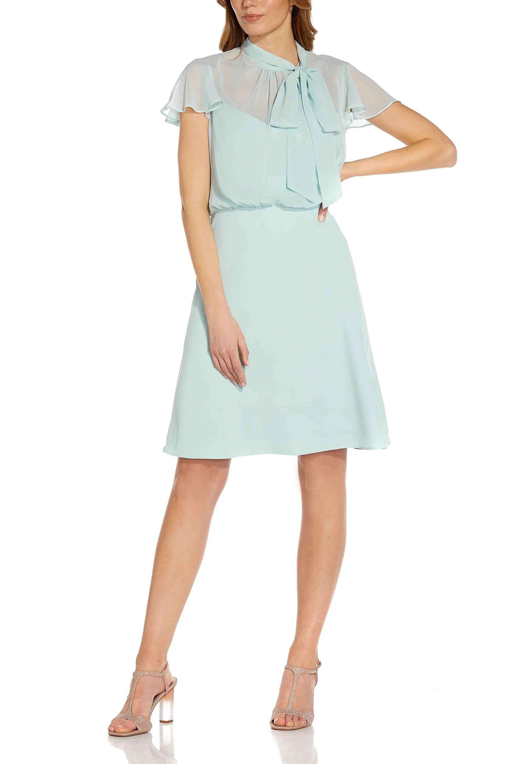Adrianna Papell Tie Neck Illusion Sleeve Keyhole Back A-Line Crepe Chiffon Dress-Clothes-ADRIANNA PAPELL-MINT SMOKE-10-Urbanheer