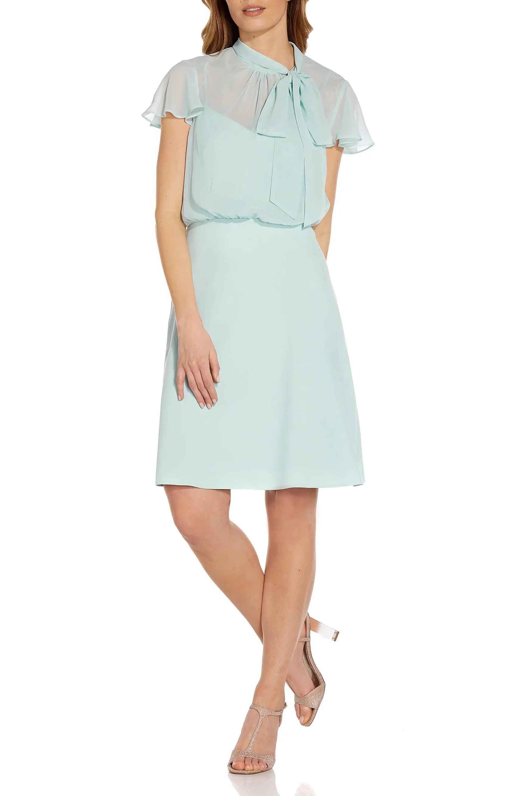 Adrianna Papell Tie Neck Illusion Sleeve Keyhole Back A-Line Crepe Chiffon Dress-Clothes-ADRIANNA PAPELL-MINT SMOKE-10-Urbanheer