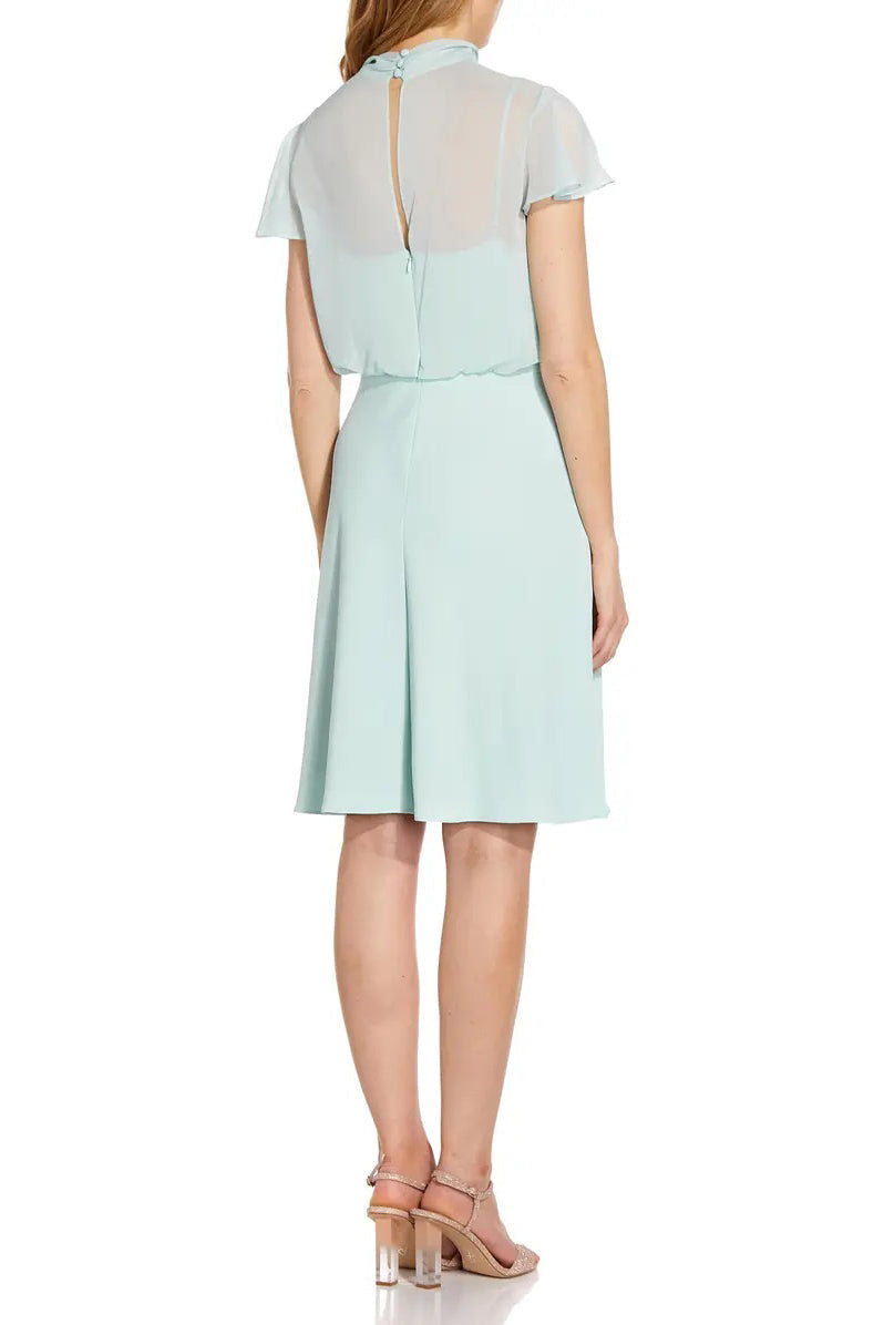 Adrianna Papell Tie Neck Illusion Sleeve Keyhole Back A-Line Crepe Chiffon Dress-Clothes-ADRIANNA PAPELL-MINT SMOKE-10-Urbanheer