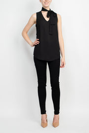Adrianna Papell Tie Neck Sleeveless Solid Woven Poly Wash Crepe Top-Clothes-Adrianna Papell Sportswear-BLACK-L-Urbanheer