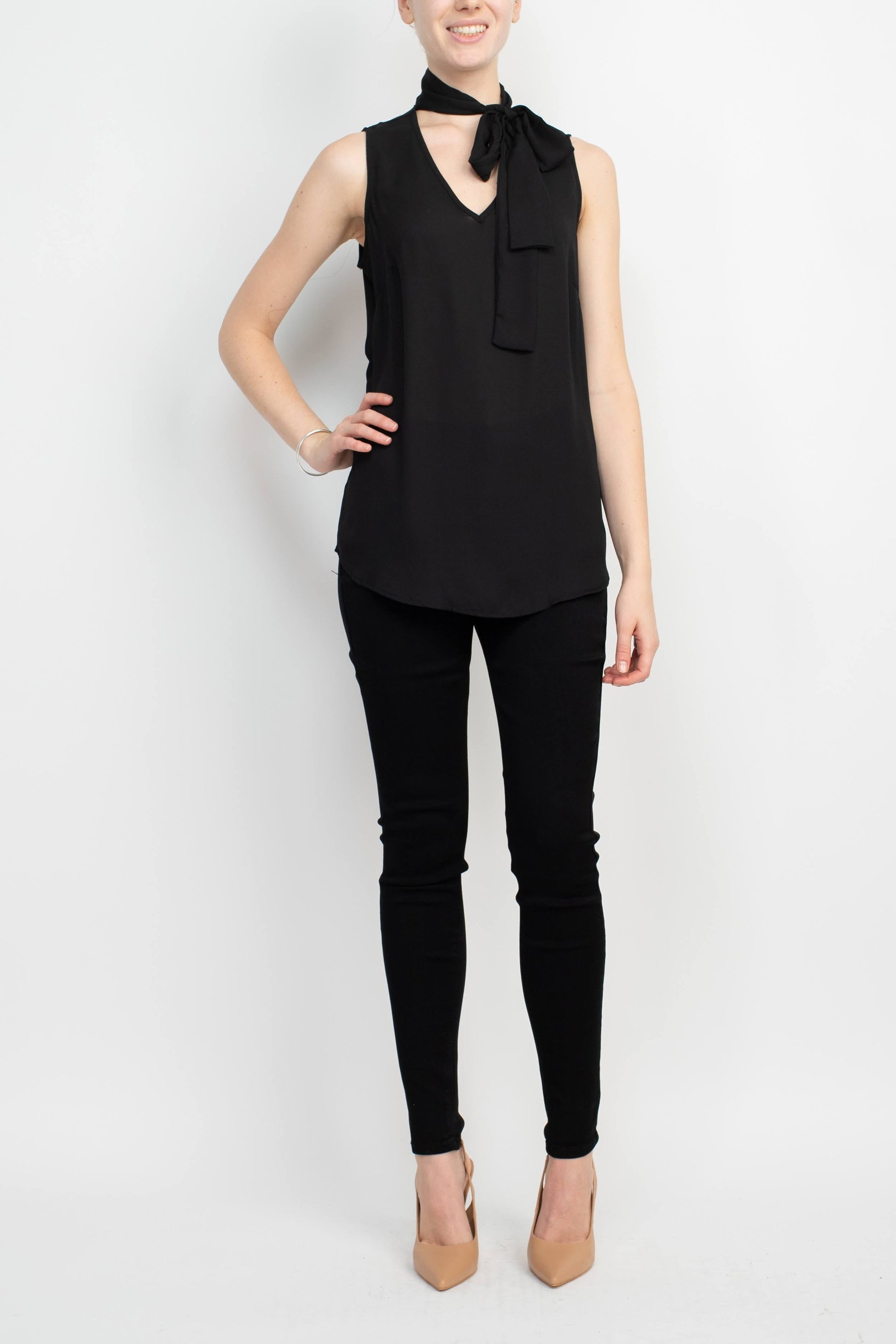 Adrianna Papell Tie Neck Sleeveless Solid Woven Poly Wash Crepe Top-Clothes-Adrianna Papell Sportswear-BLACK-L-Urbanheer