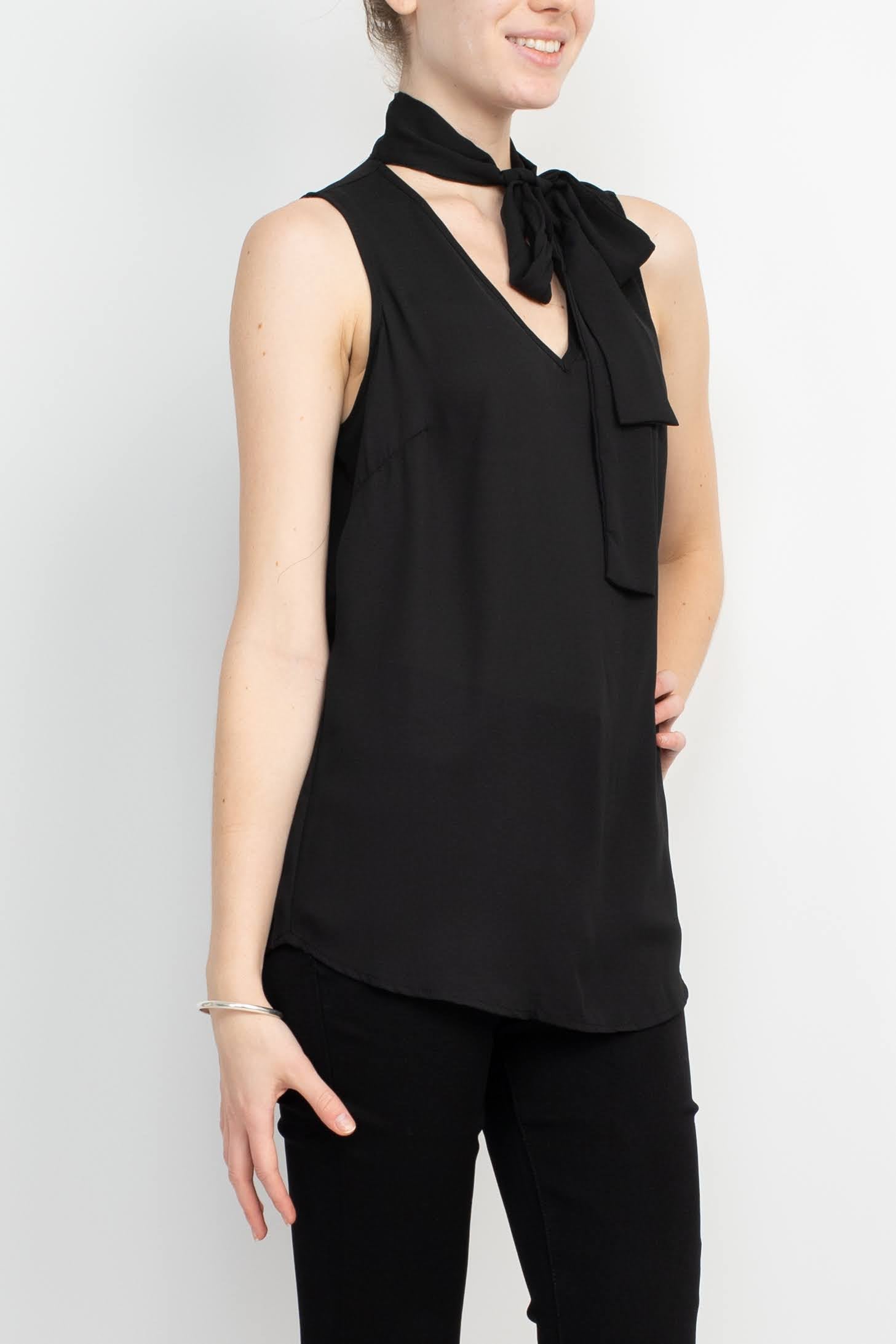 Adrianna Papell Tie Neck Sleeveless Solid Woven Poly Wash Crepe Top-Clothes-Adrianna Papell Sportswear-BLACK-L-Urbanheer