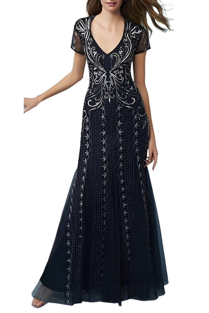 Adrianna Papell V-Neck Sort Sleeve Godet Cutout Back Embellished Mesh Dress-Clothes-Adrianna Papell-MIDNIGHT-0-Urbanheer