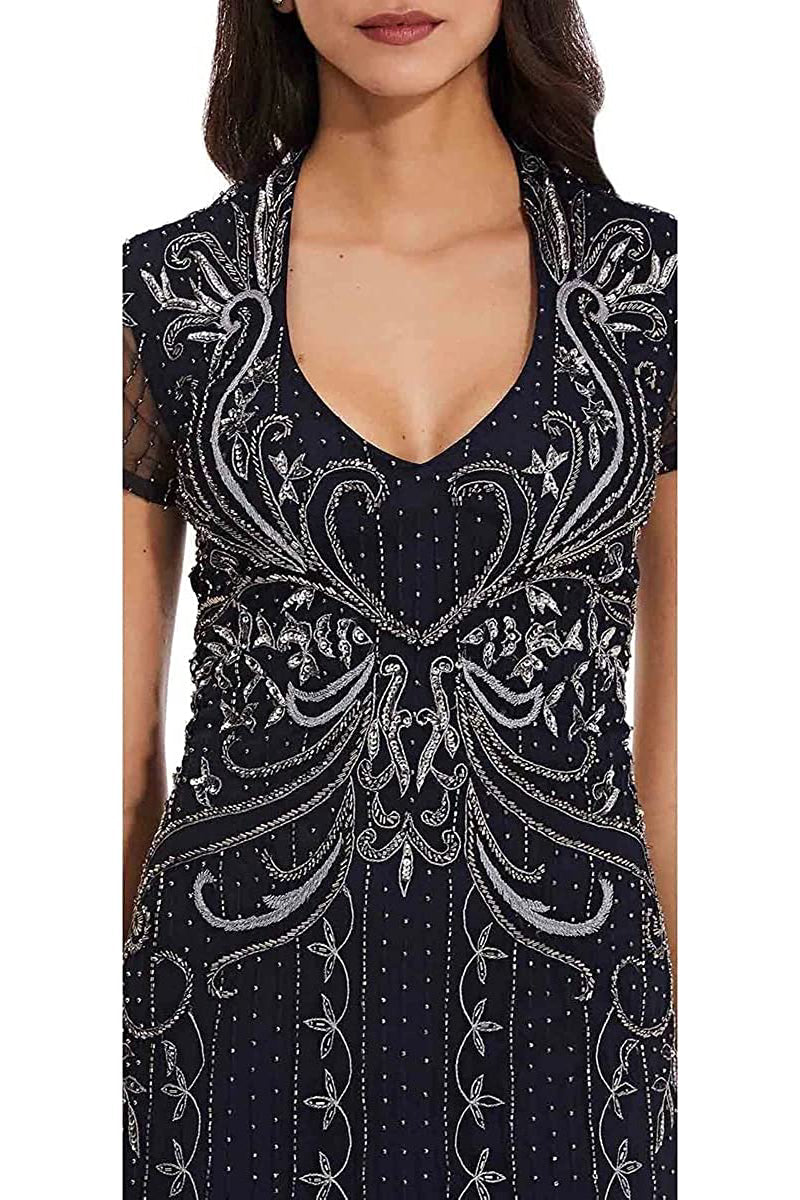 Adrianna Papell V-Neck Sort Sleeve Godet Cutout Back Embellished Mesh Dress-Clothes-Adrianna Papell-MIDNIGHT-0-Urbanheer