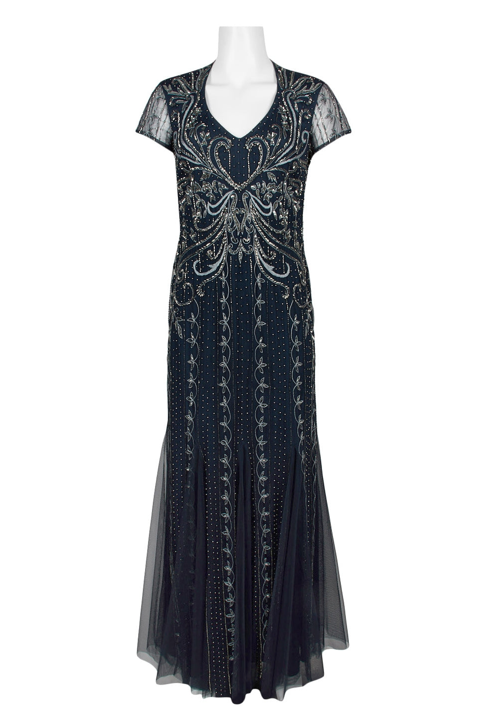 Adrianna Papell V-Neck Sort Sleeve Godet Cutout Back Embellished Mesh Dress-Clothes-Adrianna Papell-MIDNIGHT-0-Urbanheer