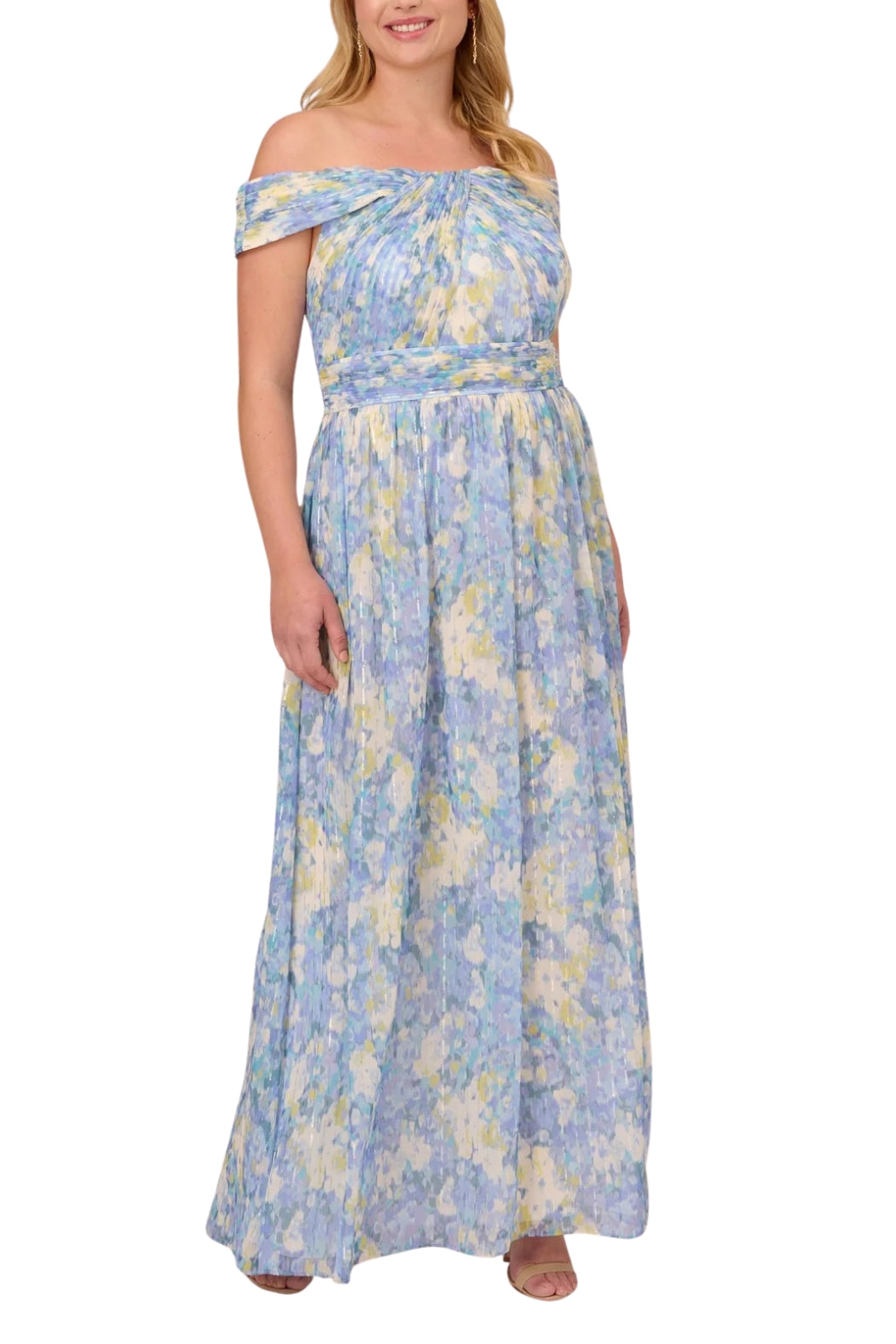 Adrianna Papell chiffon floral print off the shoulder neckline ballgown dress-Clothes-Adrianna Papell-BLUE MULTI-14W-Urbanheer