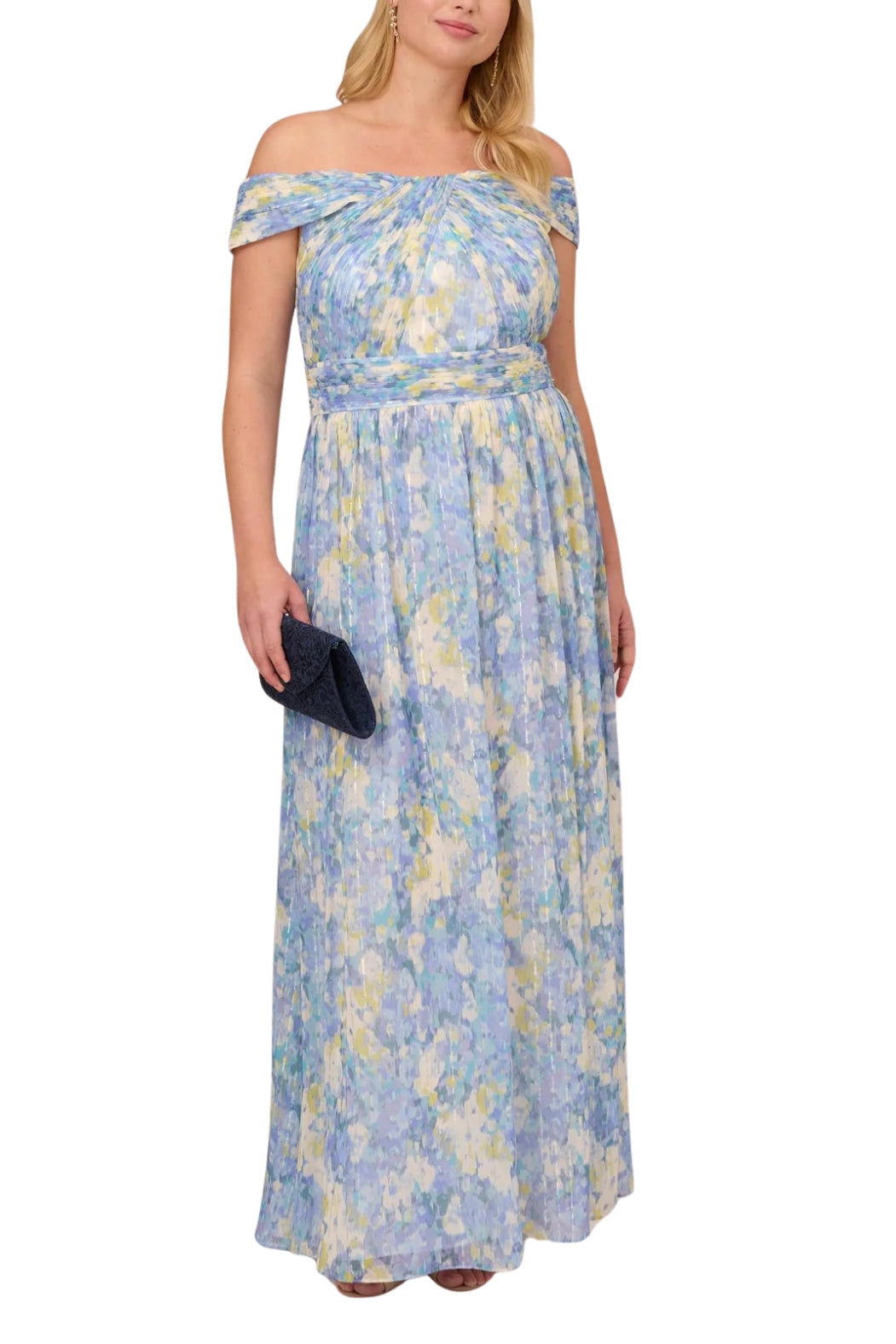 Adrianna Papell chiffon floral print off the shoulder neckline ballgown dress-Clothes-Adrianna Papell-BLUE MULTI-14W-Urbanheer