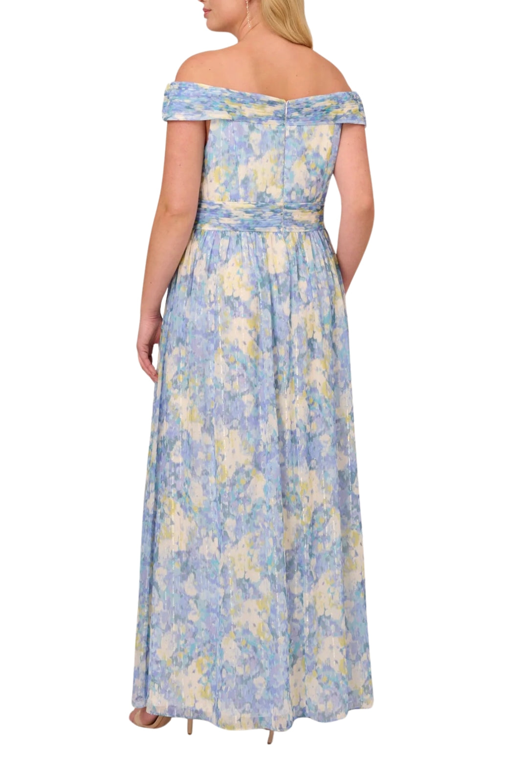 Adrianna Papell chiffon floral print off the shoulder neckline ballgown dress-Clothes-Adrianna Papell-BLUE MULTI-14W-Urbanheer
