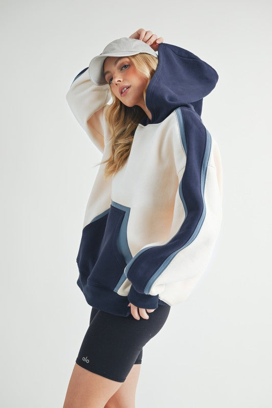 Aemi + Co Color Block Kangaroo Pocketed Hoodie-Street 360-Dark Navy-S-Urbanheer