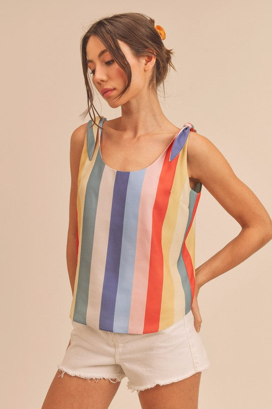 Aemi + Co Contrast Striped Scoop Neck Tie Shoulder Tank-Street 360-Blue/Yellow/Red-S-Urbanheer