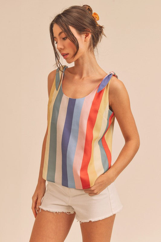 Aemi + Co Contrast Striped Scoop Neck Tie Shoulder Tank-Street 360-Blue/Yellow/Red-S-Urbanheer