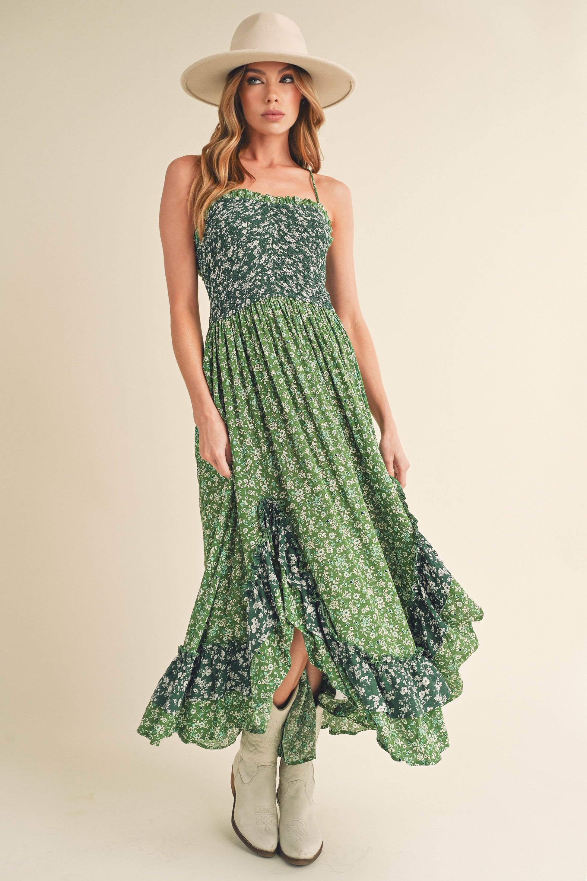 Aemi + Co Ditsy Floral Ruffled Hem Maxi Cami Dress-Street 360-Green-S-Urbanheer
