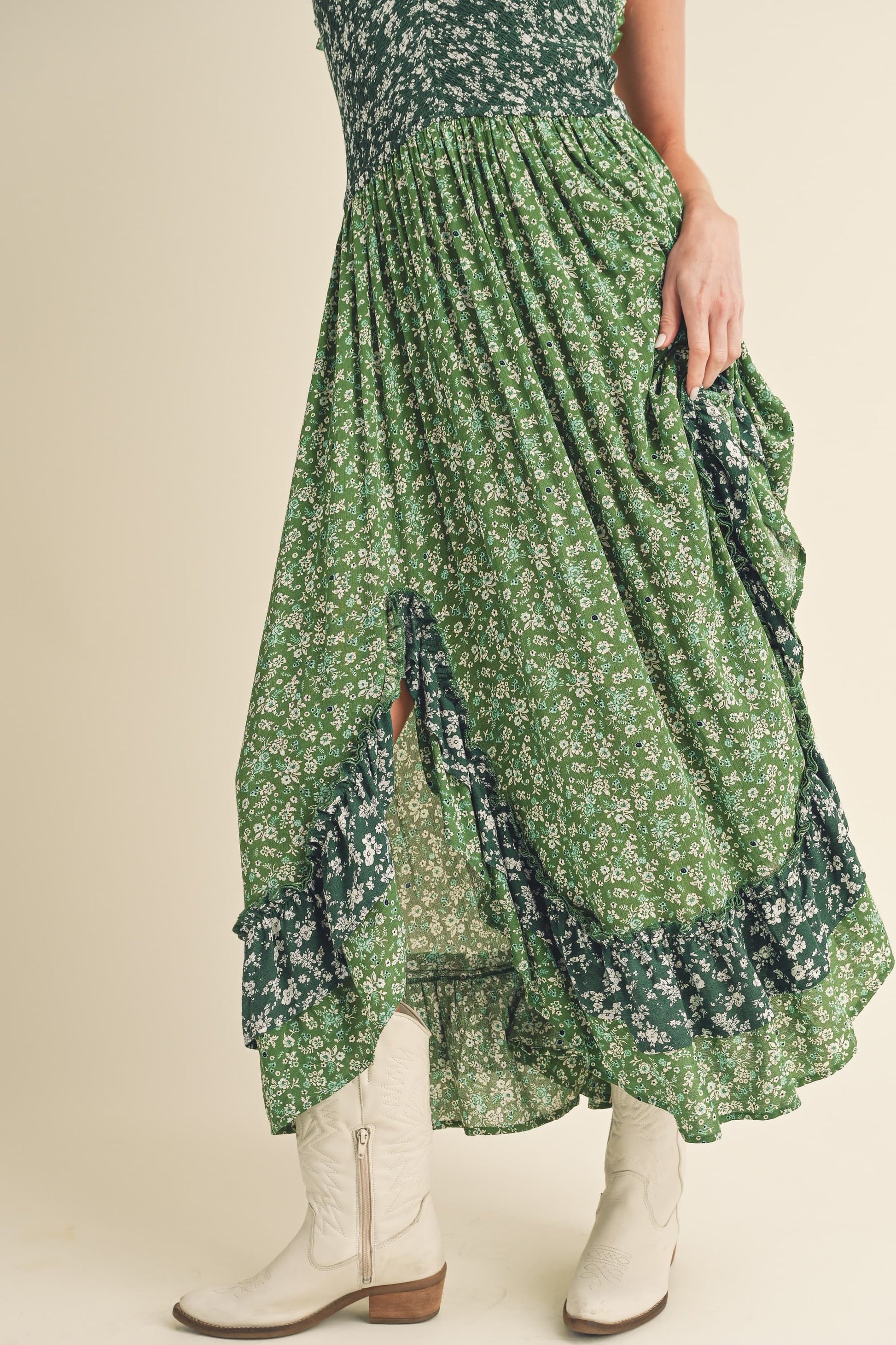 Aemi + Co Ditsy Floral Ruffled Hem Maxi Cami Dress-Street 360-Green-S-Urbanheer