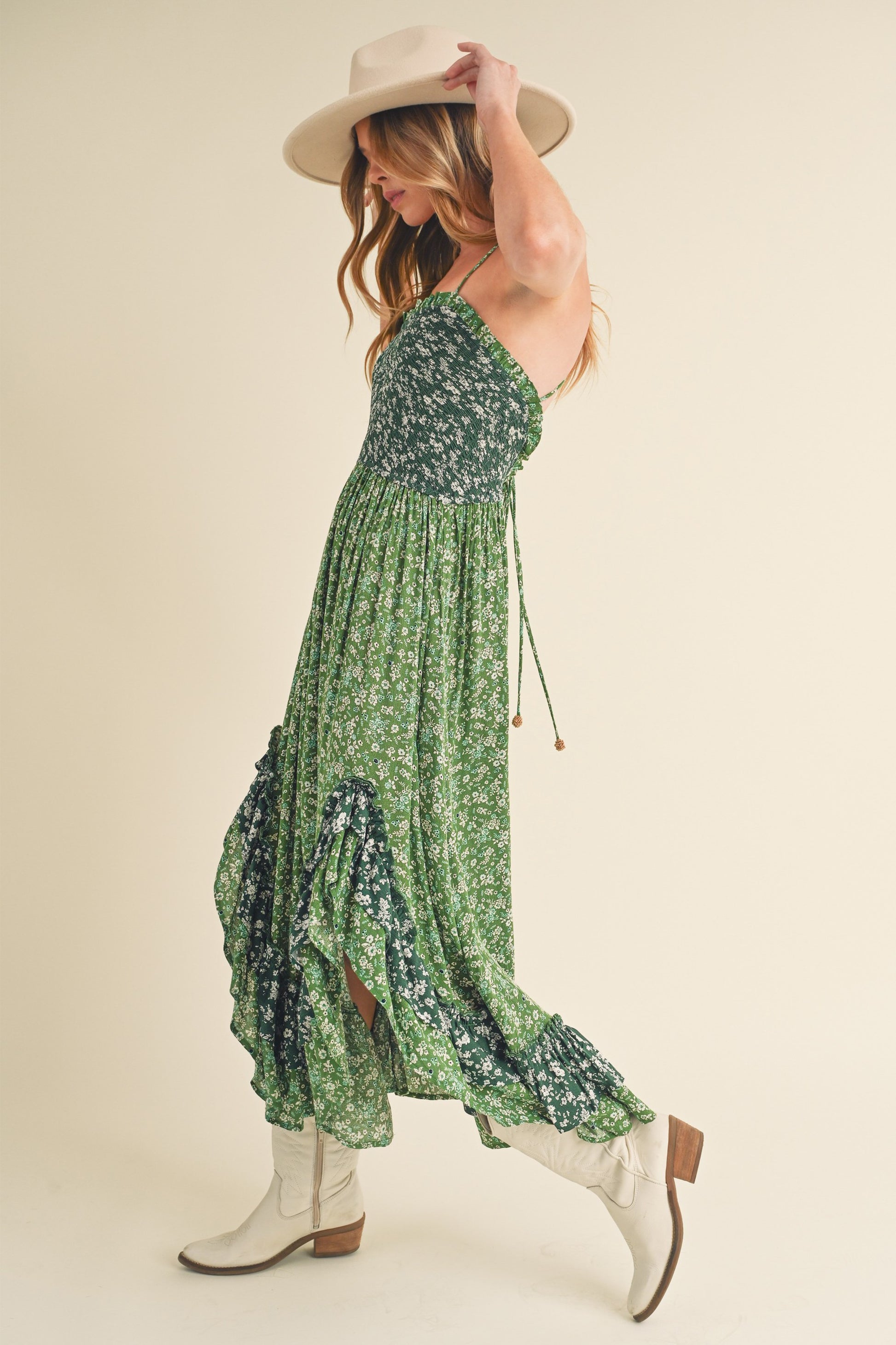 Aemi + Co Ditsy Floral Ruffled Hem Maxi Cami Dress-Street 360-Green-S-Urbanheer