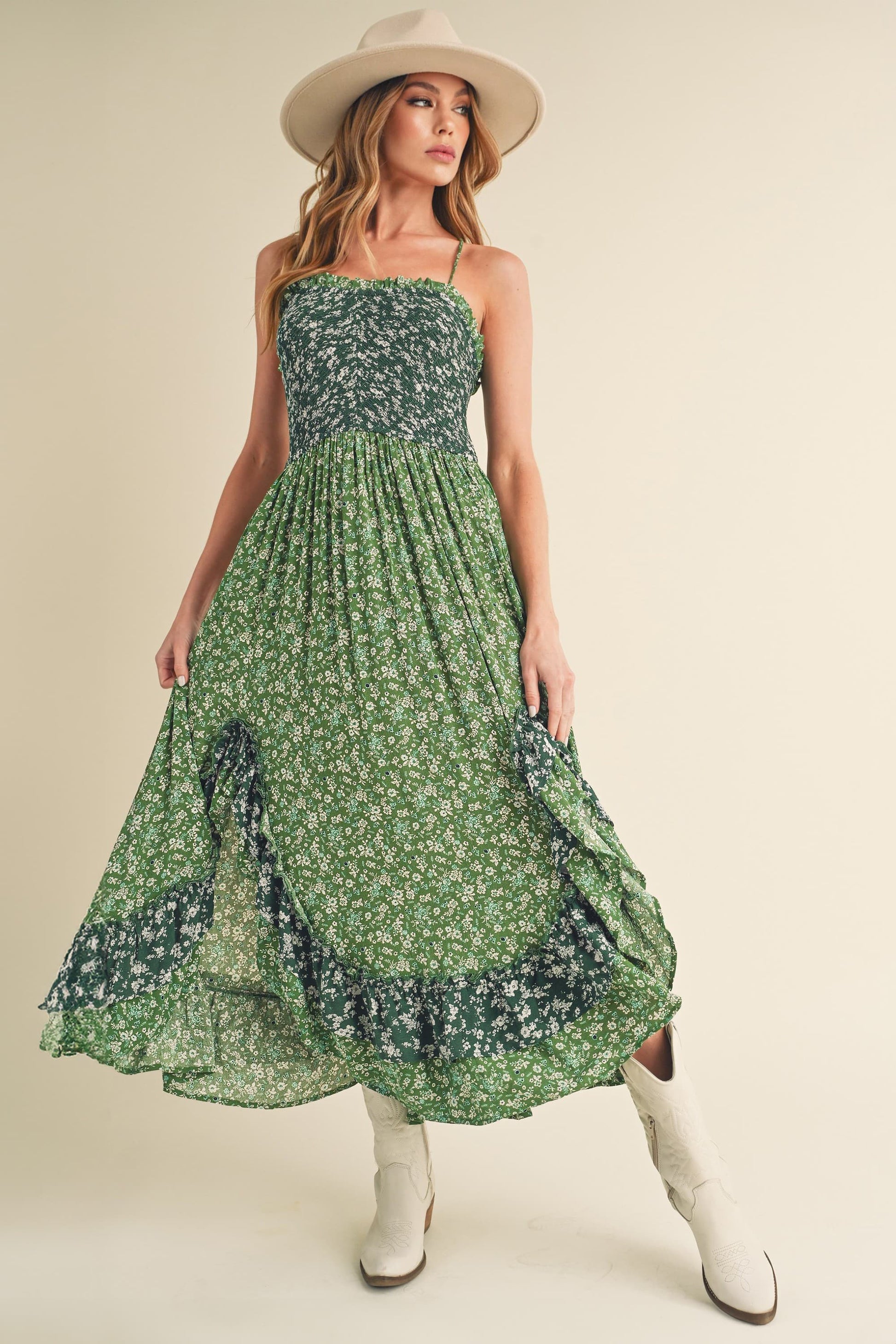 Aemi + Co Ditsy Floral Ruffled Hem Maxi Cami Dress-Street 360-Green-S-Urbanheer