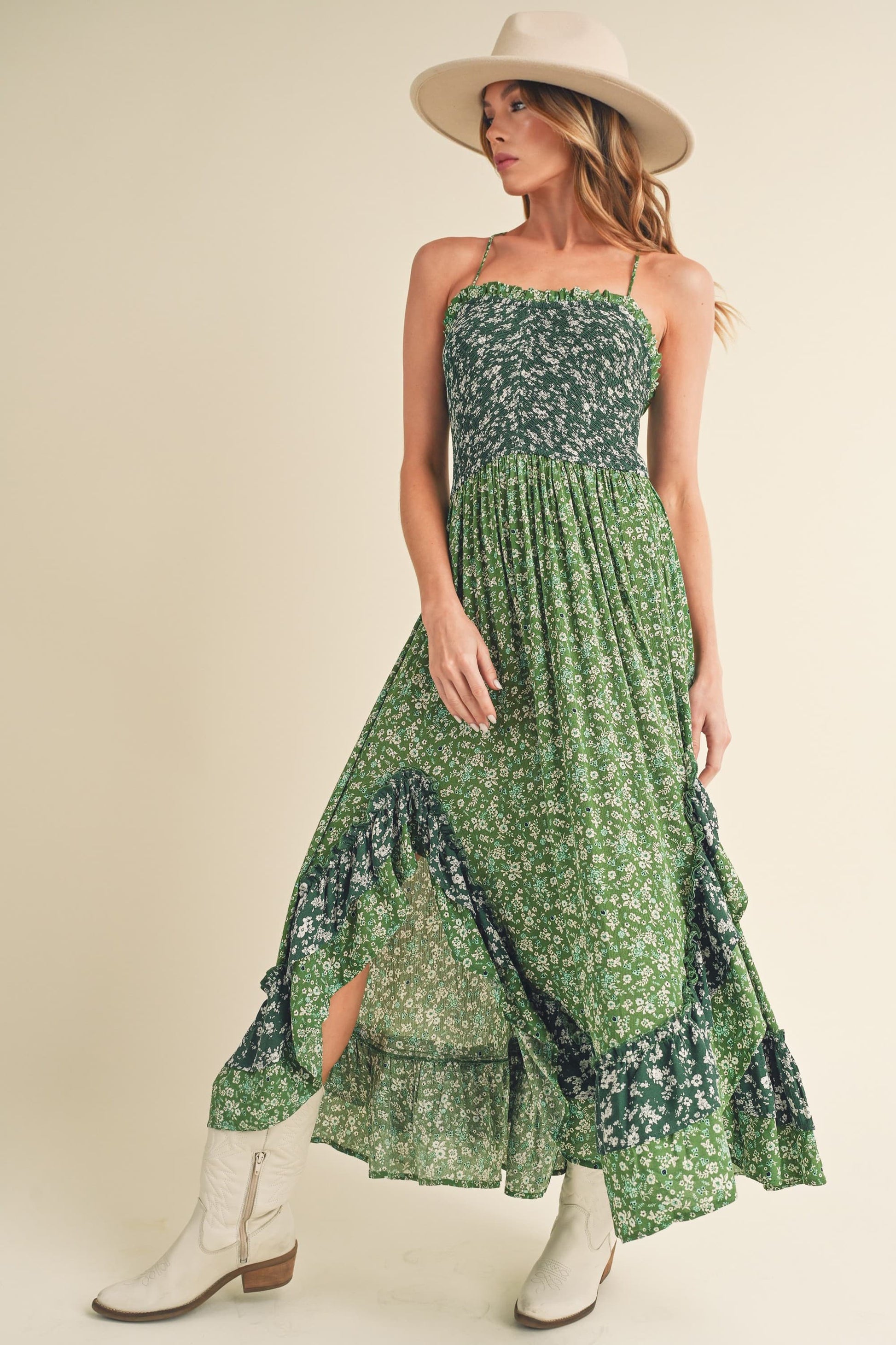 Aemi + Co Ditsy Floral Ruffled Hem Maxi Cami Dress-Street 360-Green-S-Urbanheer