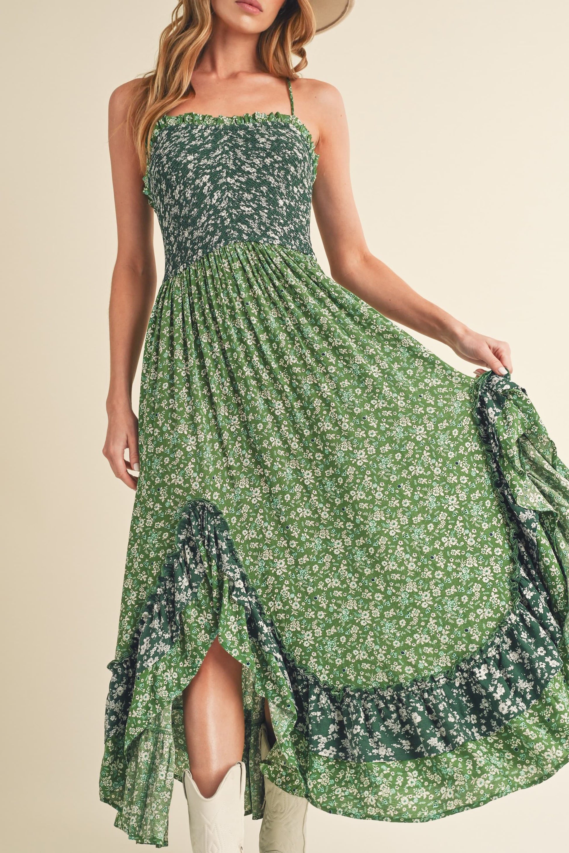 Aemi + Co Ditsy Floral Ruffled Hem Maxi Cami Dress-Street 360-Green-S-Urbanheer