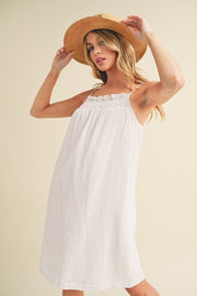 Aemi + Co Embroidered Trim Gauze Square Neck Mini Cami Dress-Street 360-White-S-Urbanheer
