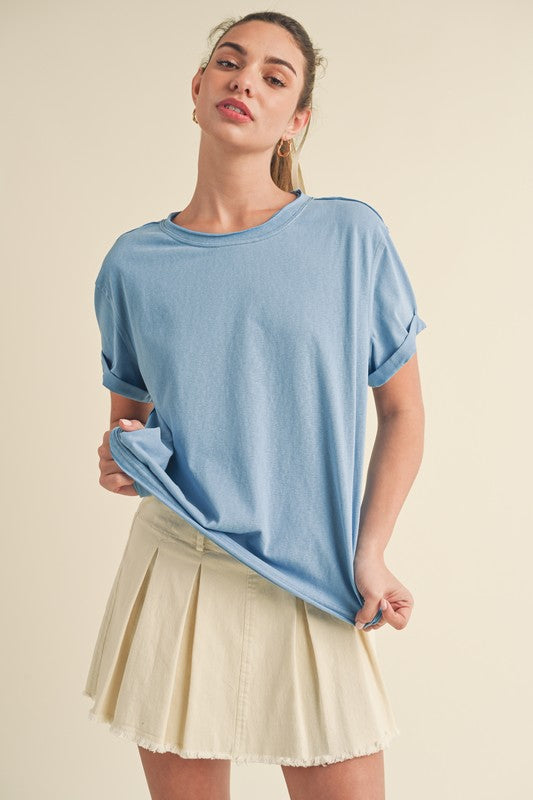 Aemi + Co Exposed Seam Round Neck Short Sleeve T-Shirt-Street 360-Ocean-S-Urbanheer