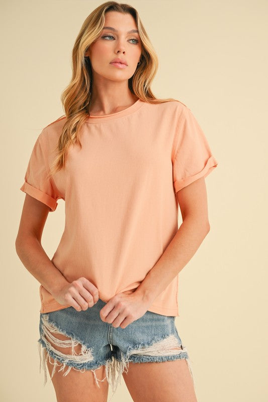 Aemi + Co Exposed Seam Round Neck Short Sleeve T-Shirt-Street 360-Watermelon pink-S-Urbanheer