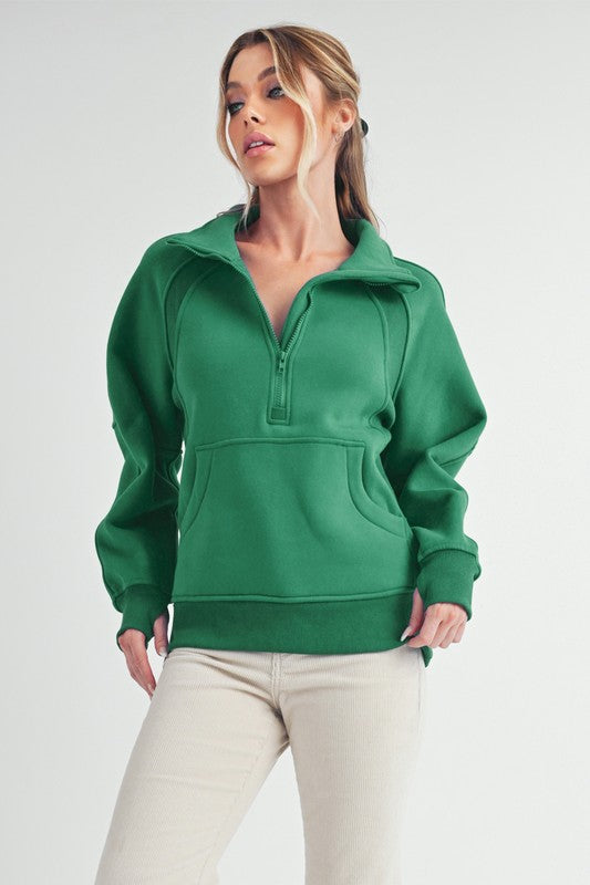 Aemi + Co Half Zip Raglan Sleeve Sweatshirt with Kangaroo Pocket-Street 360-Lily Pad-S-Urbanheer