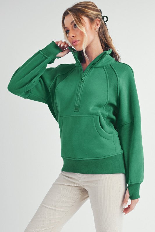 Aemi + Co Half Zip Raglan Sleeve Sweatshirt with Kangaroo Pocket-Street 360-Lily Pad-S-Urbanheer