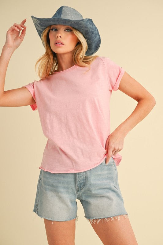 Aemi + Co Lettuce Edge Round Neck Short Sleeve T-Shirt-Street 360-Pink-S-Urbanheer