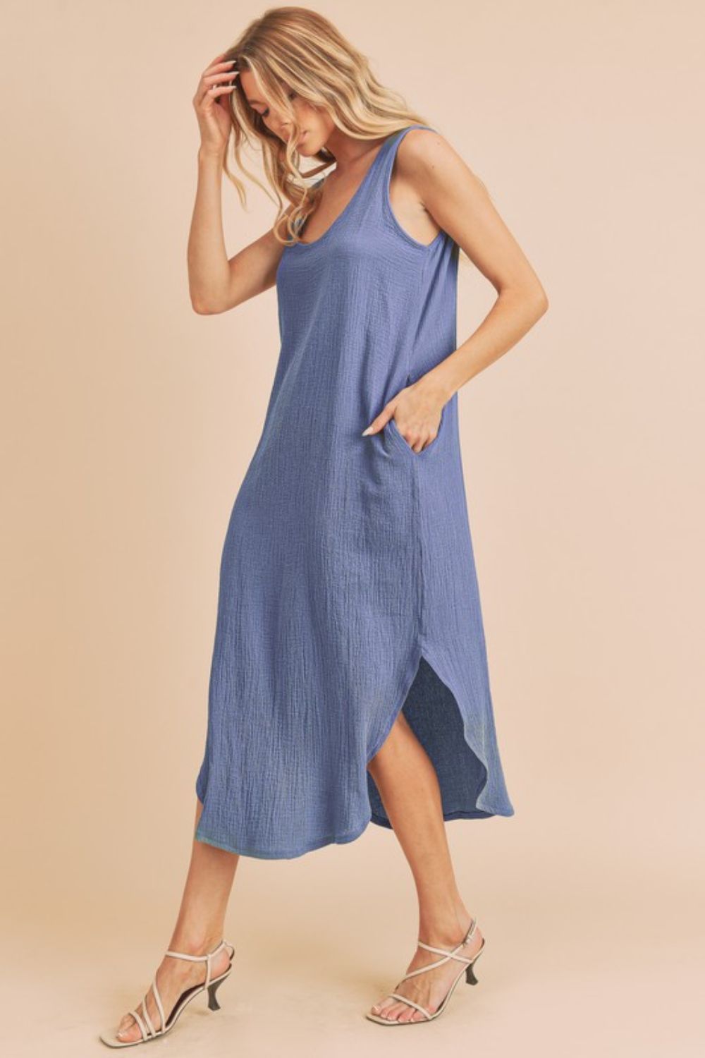 Aemi + Co Round Neck Midi Tank Dress with Pockets-Street 360-Dusty Blue-S-Urbanheer