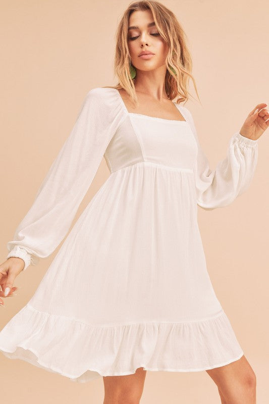 Aemi + Co Ruffled Hem Square Neck Balloon Sleeve Mini Dress-Street 360-White-S-Urbanheer