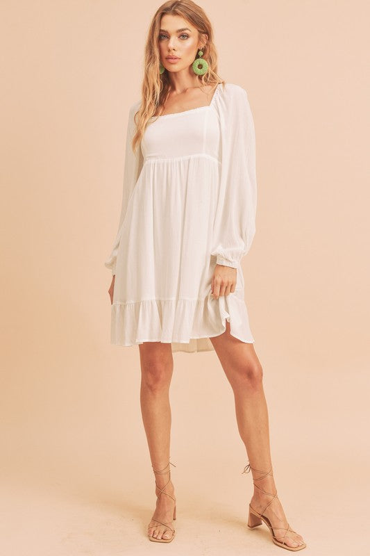 Aemi + Co Ruffled Hem Square Neck Balloon Sleeve Mini Dress-Street 360-White-S-Urbanheer