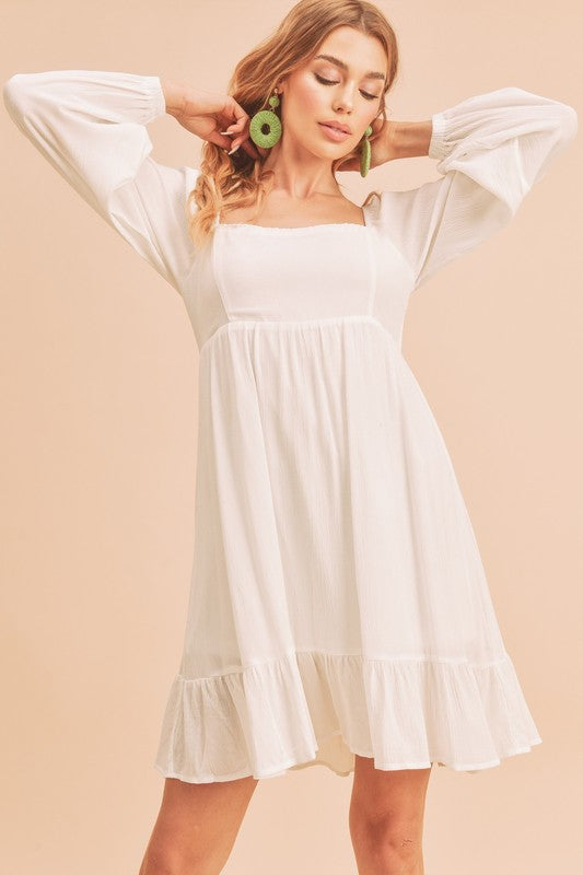 Aemi + Co Ruffled Hem Square Neck Balloon Sleeve Mini Dress-Street 360-White-S-Urbanheer