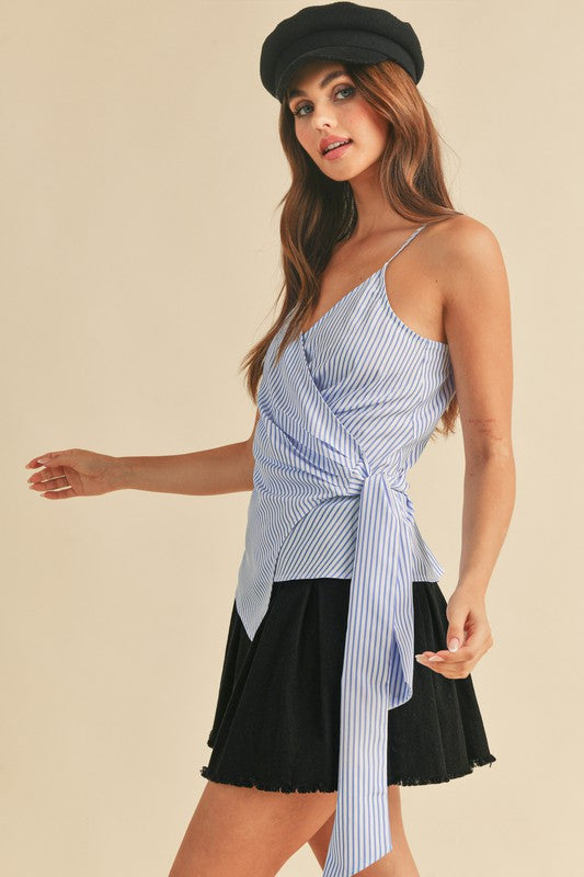 Aemi + Co Side Knotted Surplice Striped Cami-Street 360-White/Sky-S-Urbanheer
