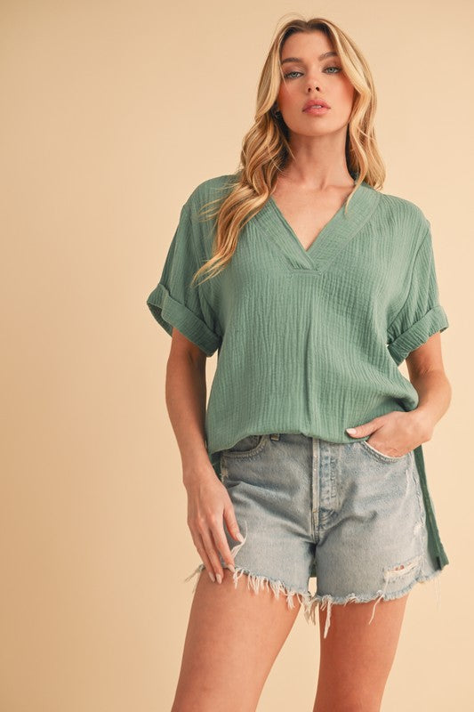 Aemi + Co Side Slit V-Neck Short Sleeve Blouse-Street 360-Turquoise-M-Urbanheer
