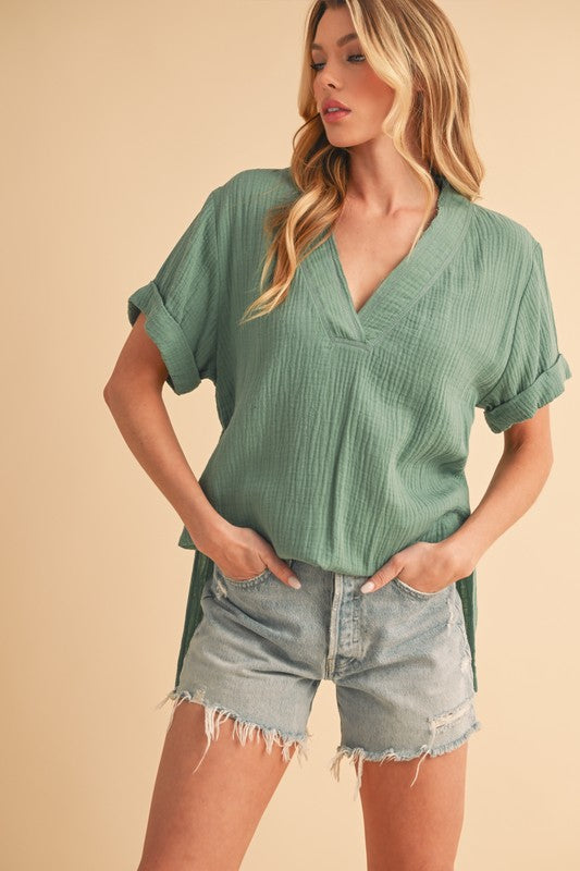 Aemi + Co Side Slit V-Neck Short Sleeve Blouse-Street 360-Turquoise-M-Urbanheer