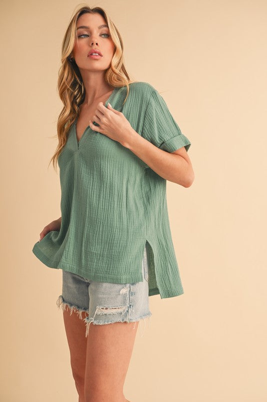 Aemi + Co Side Slit V-Neck Short Sleeve Blouse-Street 360-Turquoise-M-Urbanheer