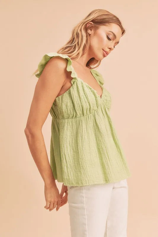 Aemi + Co Sweetheart Neck Ruffled Strap Top-Street 360-Yellow-Green-S-Urbanheer