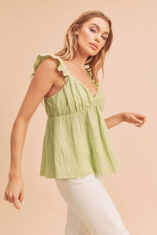 Aemi + Co Sweetheart Neck Ruffled Strap Top-Street 360-Yellow-Green-S-Urbanheer