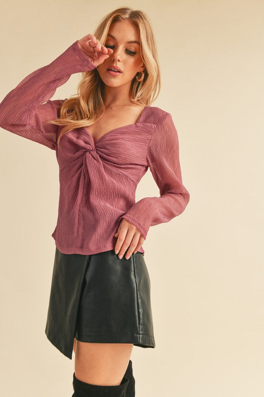 Aemi + Co Twisted Sweetheart Neck Long Sleeve Blouse-Street 360-Dusty Pink-S-Urbanheer