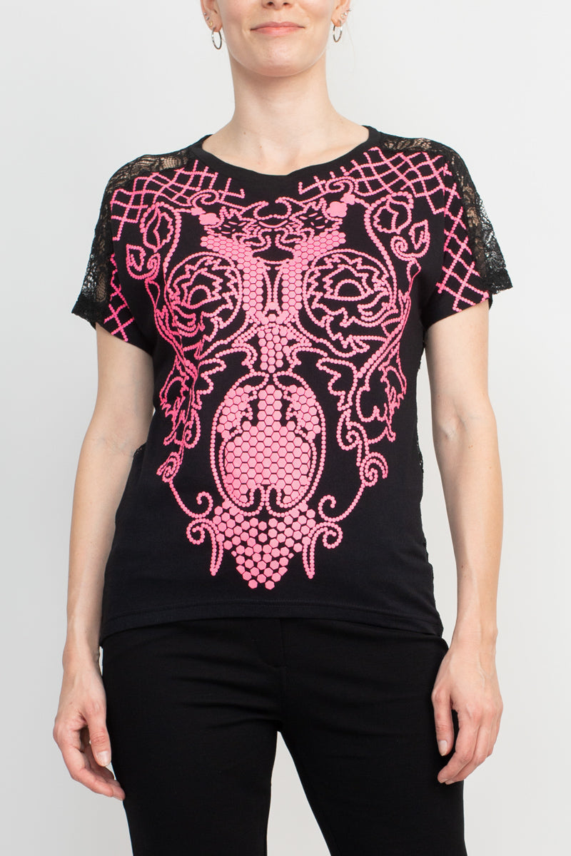 Alberto Makali Crew Neck Short Sleeve Embroidered Spandex Top-Clothes-ALBERTO MAKALI-PINK-L-Urbanheer