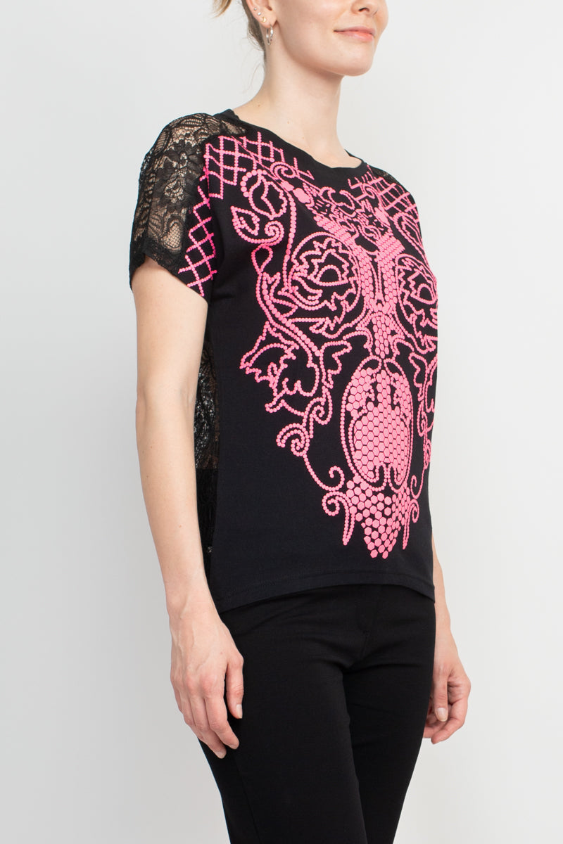 Alberto Makali Crew Neck Short Sleeve Embroidered Spandex Top-Clothes-ALBERTO MAKALI-PINK-L-Urbanheer