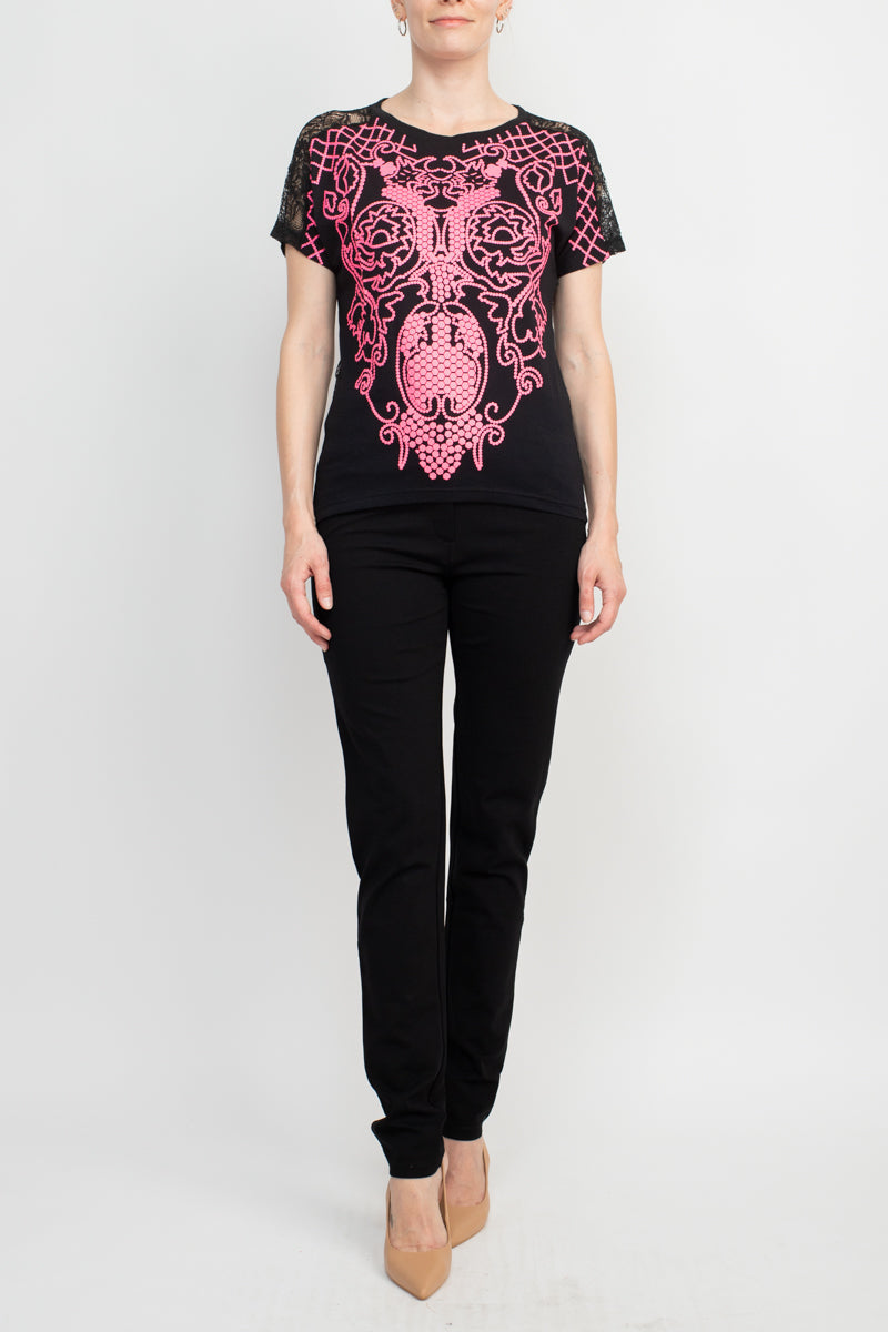 Alberto Makali Crew Neck Short Sleeve Embroidered Spandex Top-Clothes-ALBERTO MAKALI-PINK-L-Urbanheer