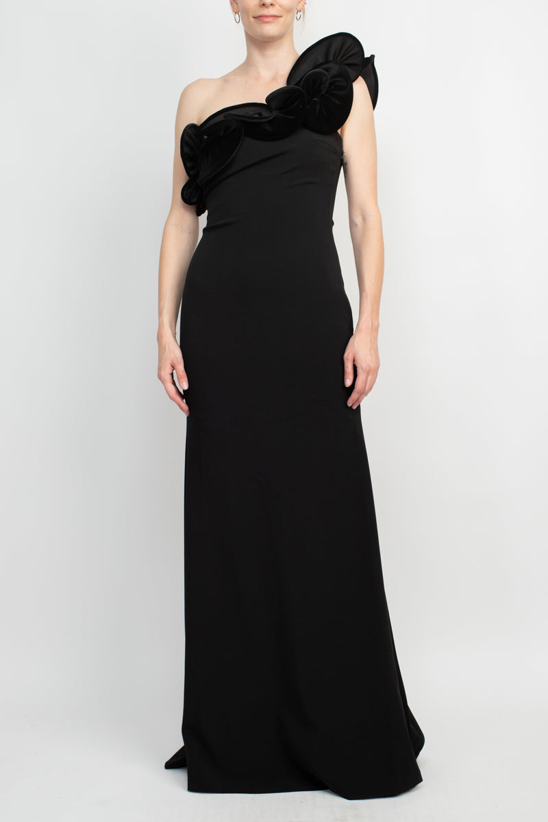 Alberto Makali One Shoulder Sleeveless Floral Shoulder Bodycon Solid Scuba Dress-Clothes-ALBERTO MAKALI-BLACK-2-Urbanheer