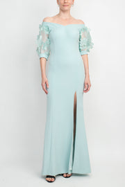 Alberto Makali V-Neck Short Embellished Lace Sleeve Zipper Back Bodycon Slit Side Scuba Dress-Clothes-ALBERTO MAKALI-SKY BLUE-10-Urbanheer