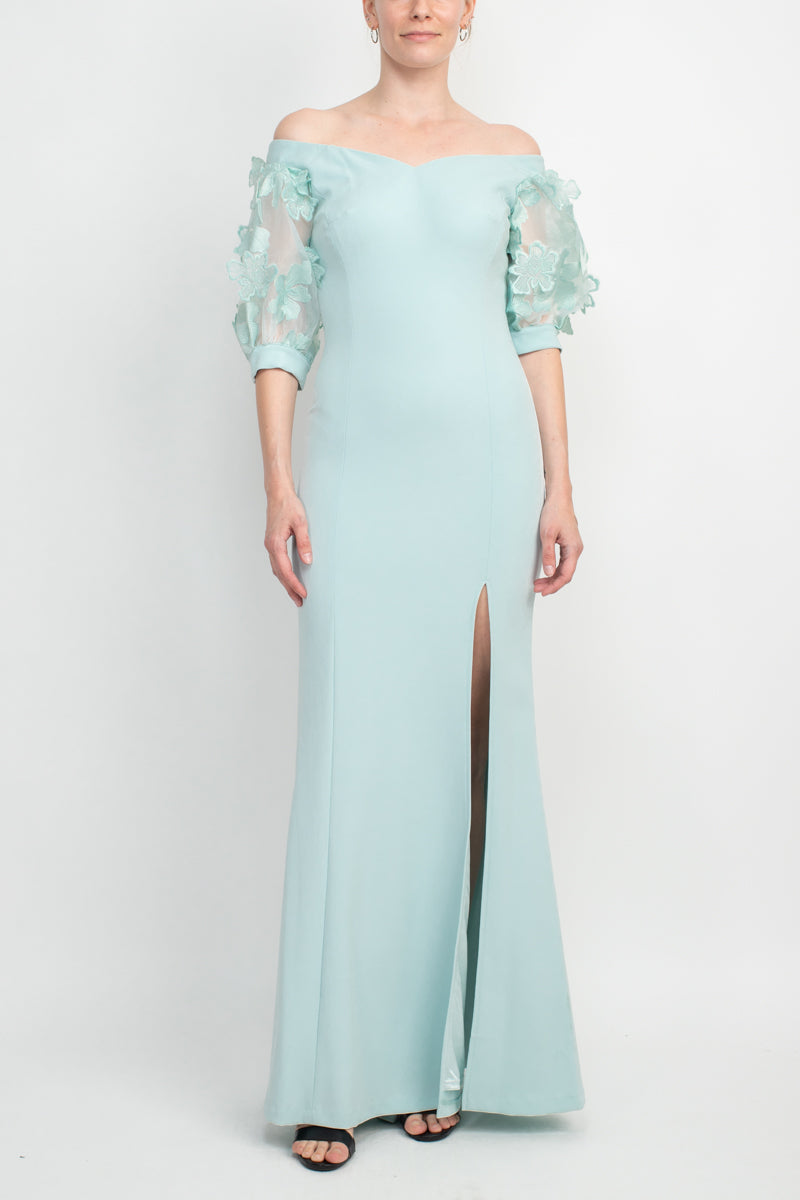 Alberto Makali V-Neck Short Embellished Lace Sleeve Zipper Back Bodycon Slit Side Scuba Dress-Clothes-ALBERTO MAKALI-SKY BLUE-10-Urbanheer