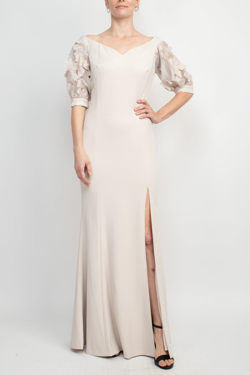 Alberto Makali V-Neck Short Embellished Lace Sleeve Zipper Back Bodycon Slit Side Scuba Dress-Clothes-ALBERTO MAKALI-TAUPE-10-Urbanheer