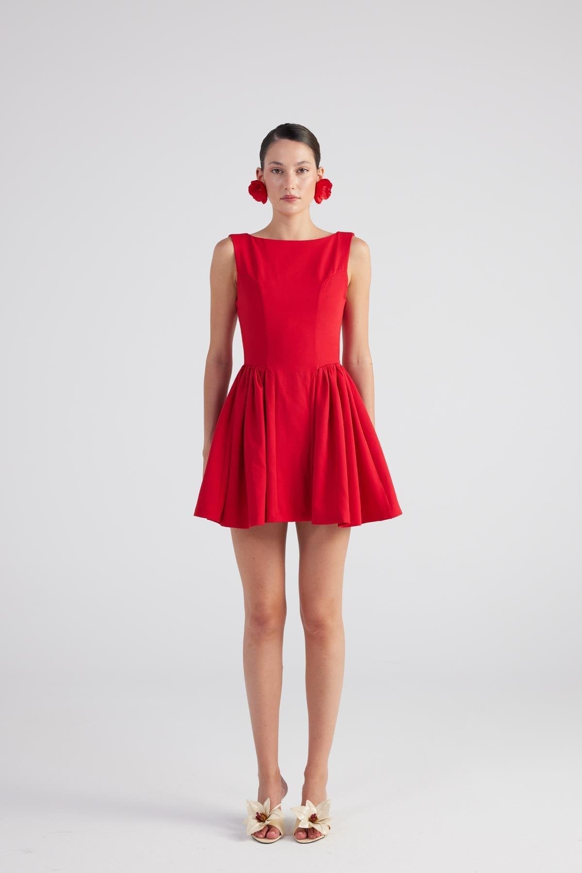 Alena Red Pleated Skirt Mini Dress-A-Line Dresses-Buy Me Fur Ltd-Red-XS-Polyester - Elastane Blend-Urbanheer