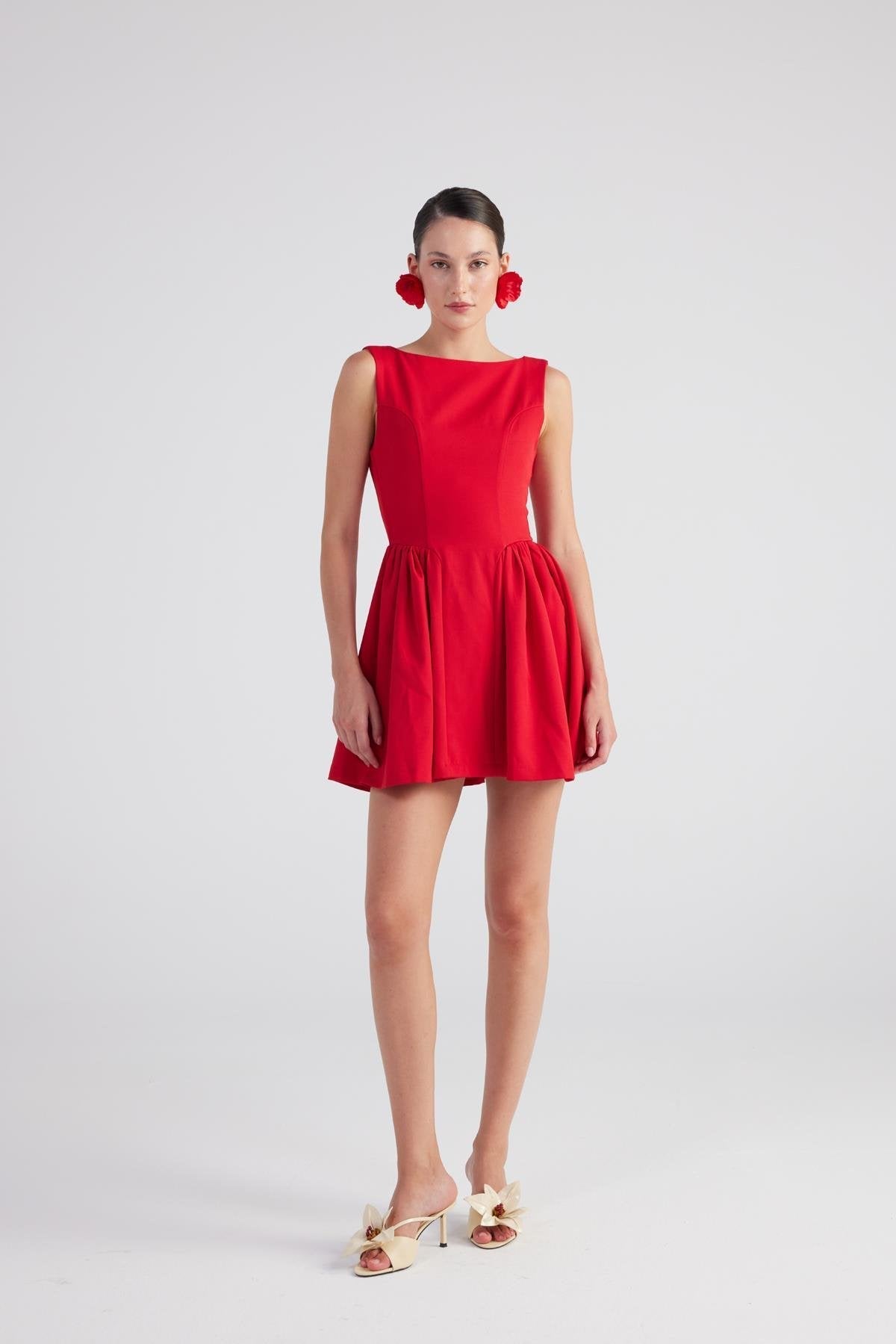 Alena Red Pleated Skirt Mini Dress-A-Line Dresses-Buy Me Fur Ltd-Red-XS-Polyester - Elastane Blend-Urbanheer