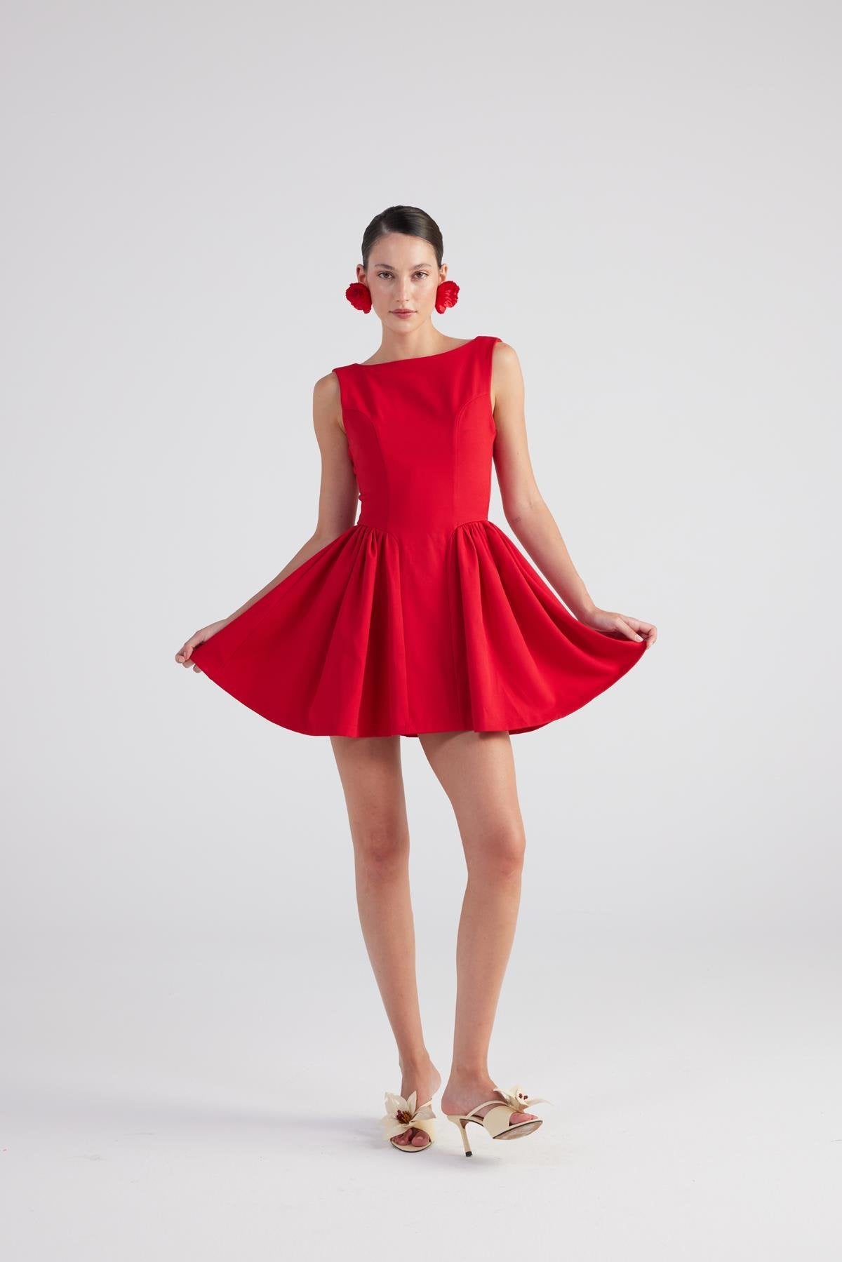 Alena Red Pleated Skirt Mini Dress-A-Line Dresses-Buy Me Fur Ltd-Red-XS-Polyester - Elastane Blend-Urbanheer