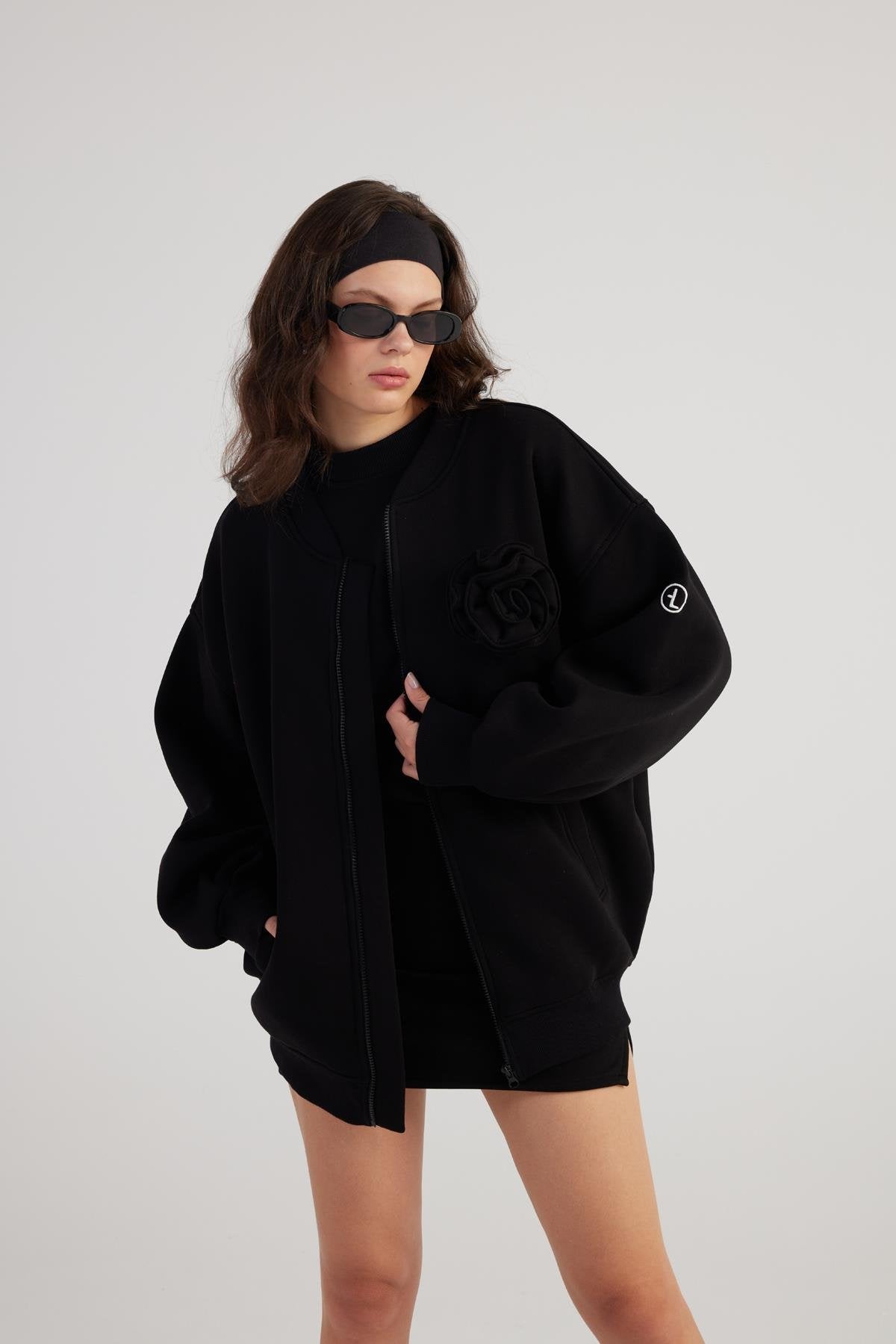 Alexa Black Oversize Bomber Jacket with Removable Rose Accessory-Jackets & Blazers-Buy Me Fur Ltd-Black-XS-Cotton - Polyester Blend-Urbanheer