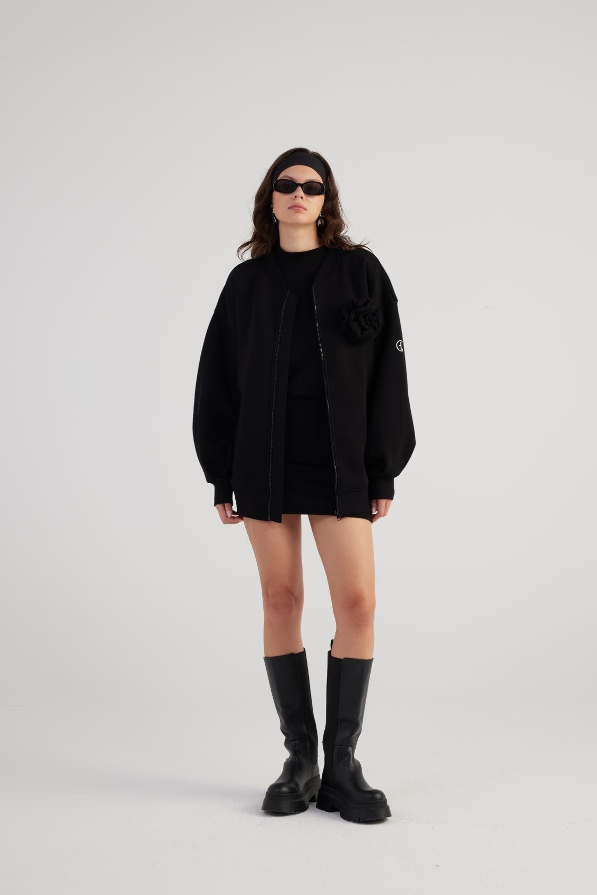 Alexa Black Oversize Bomber Jacket with Removable Rose Accessory-Jackets & Blazers-Buy Me Fur Ltd-Black-XS-Cotton - Polyester Blend-Urbanheer